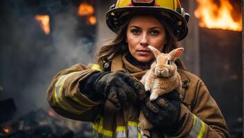 ai gerado retrato do uma fêmea bombeiro segurando uma resgatado Coelho dentro dela braços foto