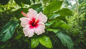 ai gerado uma Rosa hibisco flor dentro a meio do uma tropical floresta foto