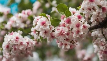 ai gerado uma fechar acima do uma árvore com Rosa flores foto