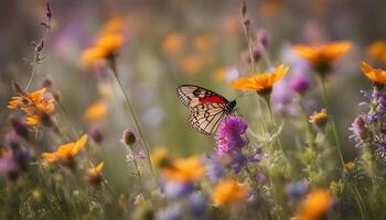 ai gerado uma borboleta é sentado em uma flor dentro uma campo foto