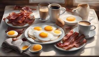 ai gerado uma pintura do café da manhã com ovos, bacon e café foto
