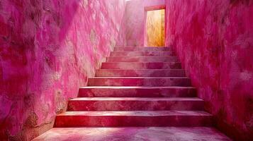 ai gerado uma escada com Rosa paredes e uma luz chegando através foto