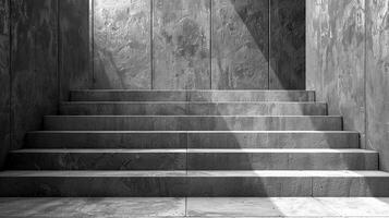 ai gerado Preto e branco fotografia do escadas dentro uma construção foto
