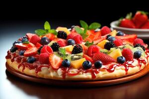 ai gerado fruta pizza com morangos, amoras, framboesas, kiwi e manga fatias foto