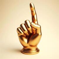 ai gerado 3d ouro troféu mão escultura mostrando a número 1 com índice dedo, número 1 placa gesto contra uma suave bege fundo. foto