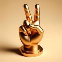 ai gerado 3d ouro troféu mão escultura mostrando a número dois com meio e índice dedo, Paz placa gesto contra uma suave bege fundo. foto