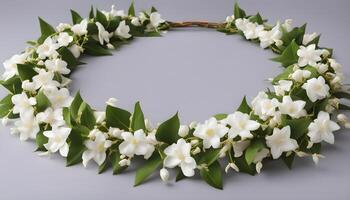 ai gerado uma branco flor guirlanda com verde folhas foto