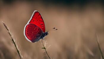 ai gerado uma vermelho borboleta senta em uma alta Relva foto