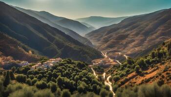 ai gerado uma vale com uma pequeno Vila dentro a montanhas foto