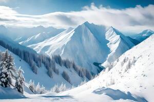 ai gerado uma Nevado montanha panorama com árvores e neve foto