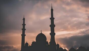 ai gerado silhueta do uma mesquita dentro a meio do uma nublado céu foto