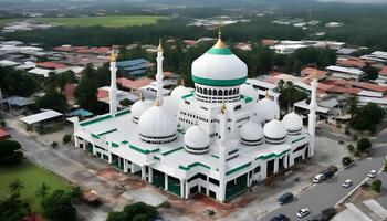 ai gerado a aéreo Visão do uma mesquita com verde cúpulas foto