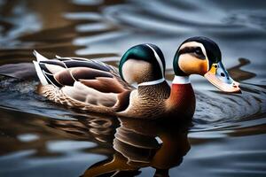 ai gerado dois patos natação dentro a água com seus reflexão foto