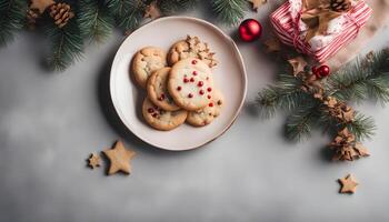 ai gerado Natal biscoitos em uma prato com Natal decorações foto