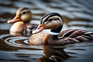 ai gerado dois patos natação dentro a água foto