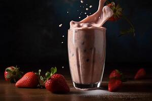 ai gerado morango milkshake em de madeira tabela.fechar acima Visão foto