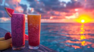 ai gerado bebidas em de madeira mesa foto