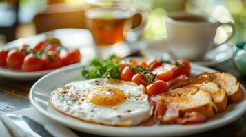 ai gerado a elegante Inglês café da manhã apresentação, apresentando ordenadamente arranjado ingredientes em uma branco prato foto