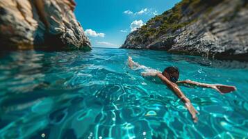 ai gerado uma nadador mergulho para dentro a mar, com claro como cristal água e uma brilhante azul céu foto