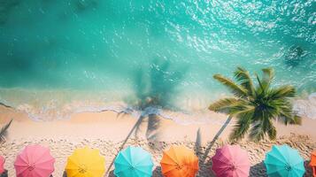 ai gerado de praia com guarda-chuvas e Palma árvore foto