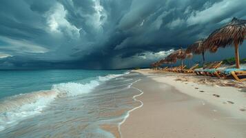 ai gerado cadeiras e guarda-chuvas em uma arenoso de praia debaixo nublado céu foto