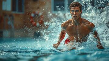 ai gerado homem natação dentro piscina com água espirrando foto