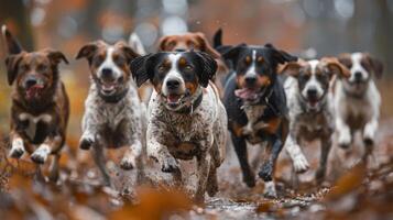 ai gerado grupo do cachorros corrida através campo foto