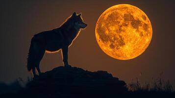 ai gerado Lobo em pé em Colina debaixo cheio lua foto