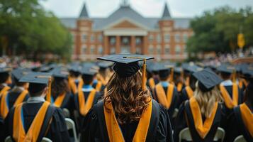 ai gerado ampla grupo do pessoas dentro graduação cápsulas e vestidos foto