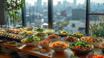 ai gerado uma bufê mesa transbordante com delicioso Comida foto