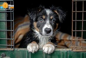 ai gerado uma Preto e branco cachorro dentro uma cela olhando Fora do a janela foto