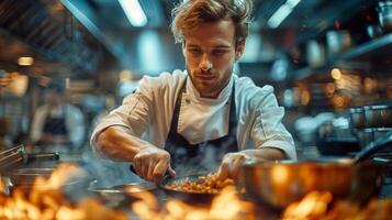 ai gerado homem cozinhando Comida dentro uma ampla cozinha foto