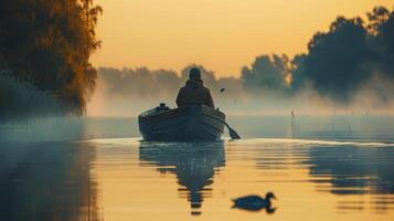 ai gerado uma Pato caçador dentro uma rústico barco, planador silenciosamente através uma tranquilo lago às alvorecer foto
