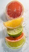 ai gerado citrino respingo, refrescante mistura do citrino frutas Incluindo limões limas e toranjas, generativo ai, fundo imagem foto