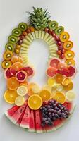 ai gerado uma vibrante arranjo do fatiado frutas dentro a matriz do cores, generativo ai, fundo imagem foto