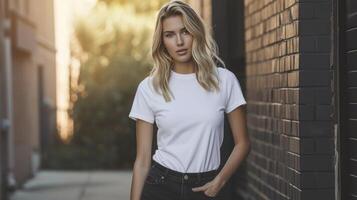 ai gerado uma jovem mulher é posando vestindo branco t camisa brincar foto