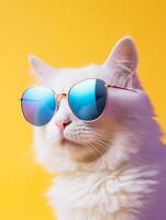 ai gerado retrato do uma branco fofo gato vestindo volta oculos escuros. luxuoso doméstico gatinha dentro óculos poses em amarelo fundo muro. generativo ai. ai. foto