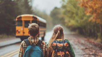 ai gerado costas Visão do crianças com mochilas olhando às escola ônibus foto