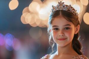 ai gerado beleza concurso concurso. 12 anos velho menina dentro tiara e lindo vestir, vencedora foto