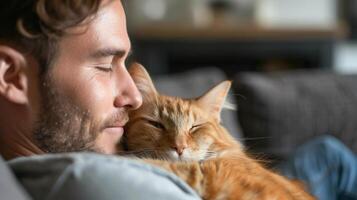 ai gerado homem desfrutando uma pacífico momento com uma gengibre gato foto