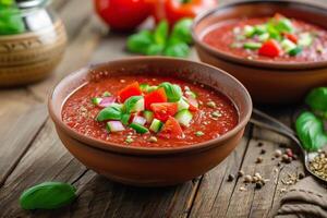 ai gerado tradicional Gaspacho sopa coberto com picado legumes e manjericão foto