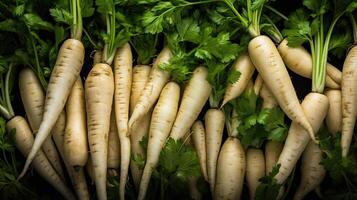 ai gerado Parsnips com fresco verde topos, fechar acima foto