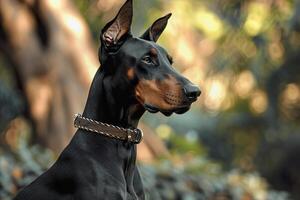 ai gerado doberman pinscher senta atentamente em uma caminho dentro parque foto