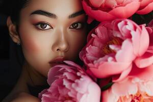 ai gerado moda retrato. ásia fêmea modelo com Rosa peônias flores foto