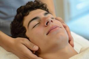 ai gerado jovem hispânico homem desfrutando relaxante facial massagem dentro uma spa foto