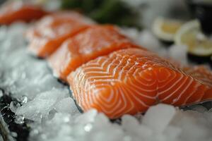 ai gerado fresco salmão cortar filé em gelo, fechar acima foto