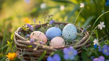 ai gerado Páscoa ovo caçar dentro Primavera jardim com florescendo flores Páscoa ovos dentro cesta foto
