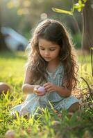 ai gerado jovem criança coleta colorida ovos dentro uma vime cesta entre Primavera flores foto