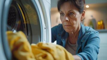 ai gerado meio envelhecido mulher descarregando lavanderia roupas a partir de lavando máquina foto