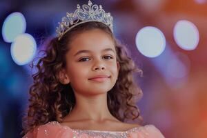 ai gerado beleza concurso concurso. 12 anos velho hispânico menina dentro tiara, vencedora em etapa foto